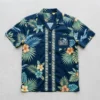 Custom hawaiian pocket shirt with company logo front.