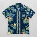 Custom hawaiian pocket shirt with company logo front.