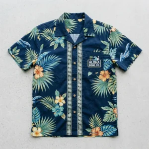 Custom hawaiian pocket shirt with company logo front.
