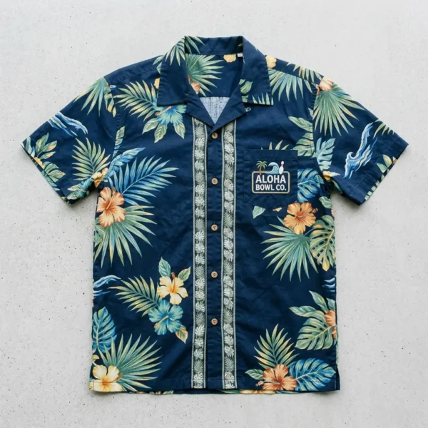 Custom hawaiian pocket shirt with company logo front.