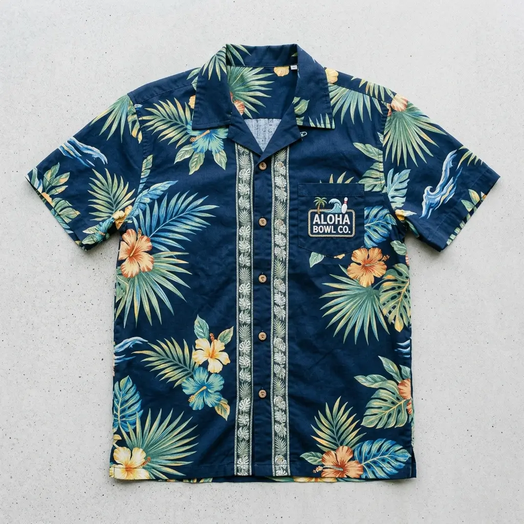 Custom hawaiian pocket shirt with company logo front.