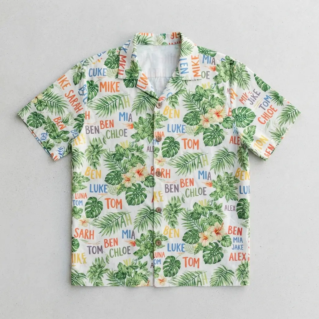 Custom name printed hawaiian shirt front.