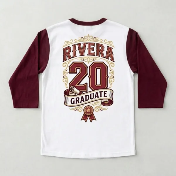 DTG printed 3/4 sleeve graduation shirt back.