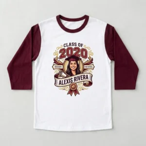 DTG printed 3/4 sleeve graduation shirt front.