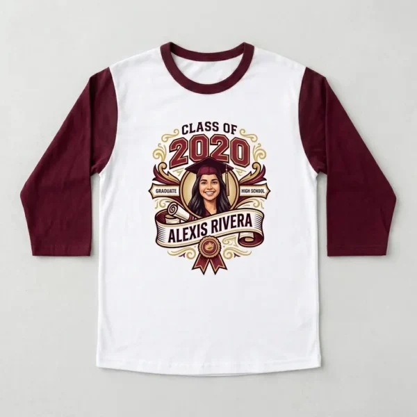 DTG printed 3/4 sleeve graduation shirt front.