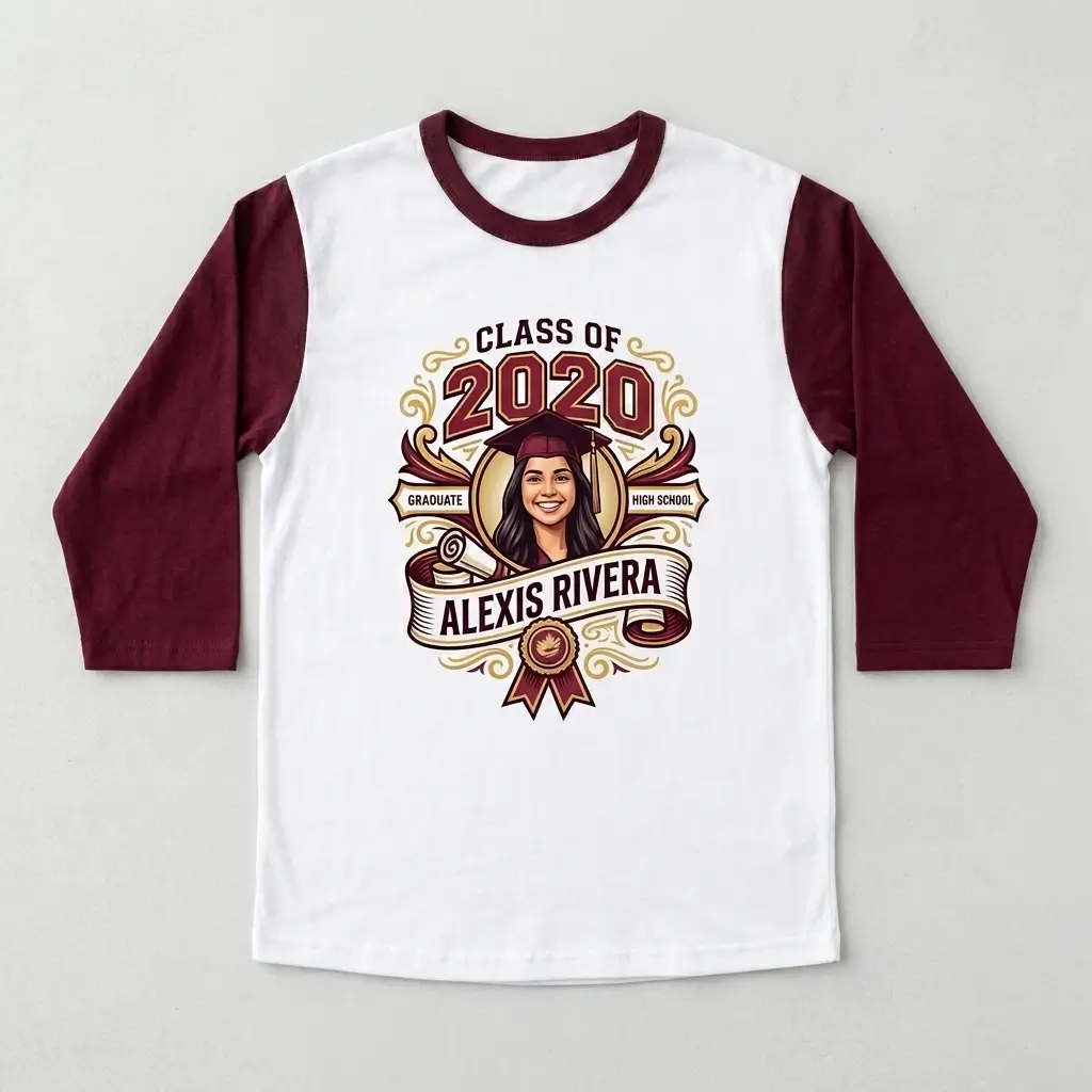 DTG printed 3/4 sleeve graduation shirt front.