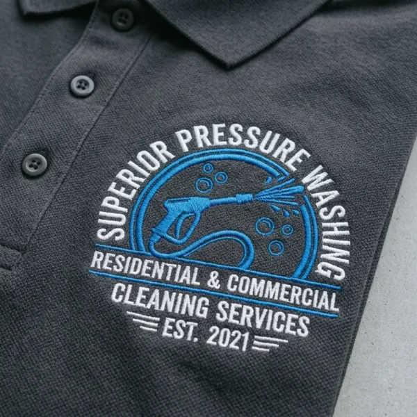Embroidered pressure washing polo shirt closeup.