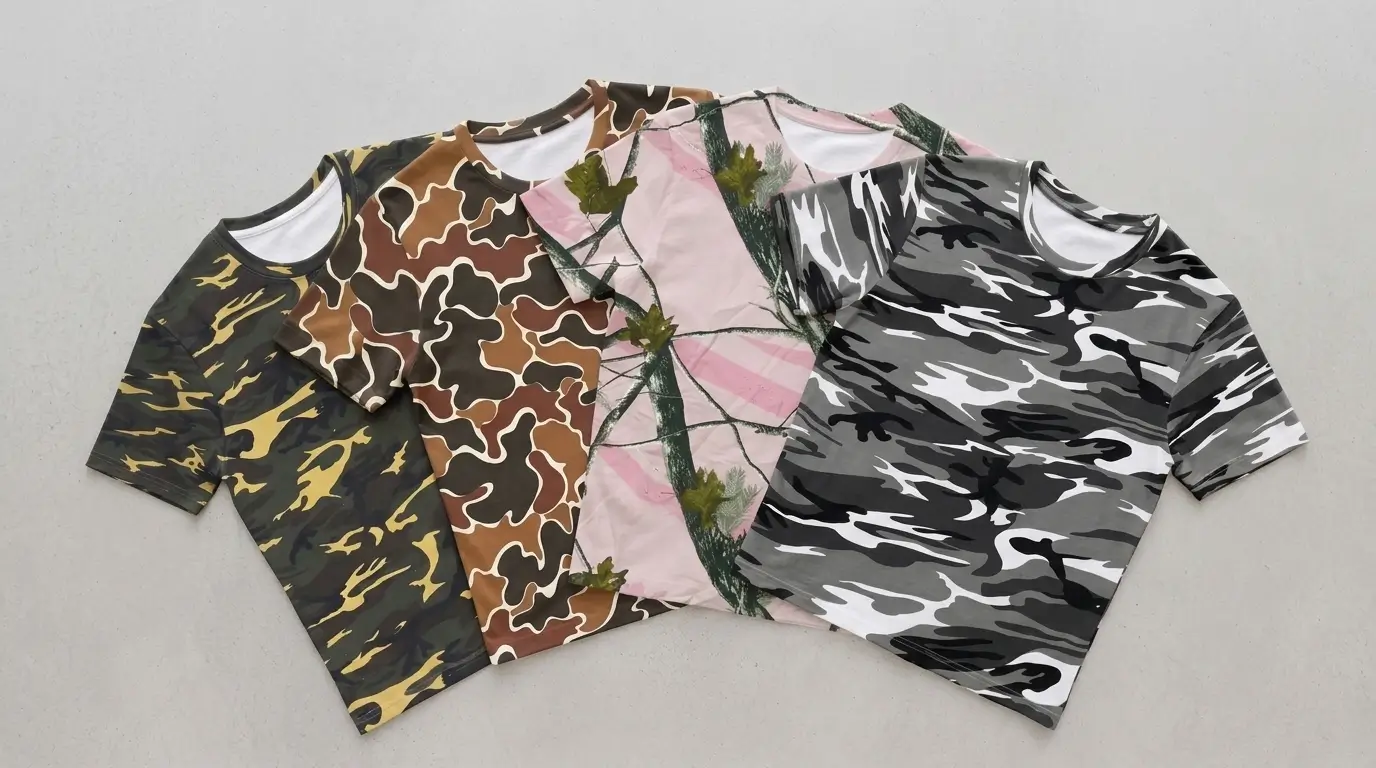 Four blank camo shirts flat lay.