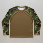 Full raglan sleeve blank camo t-shirt front.
