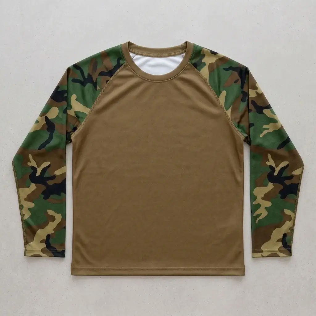 Full raglan sleeve blank camo t-shirt front.