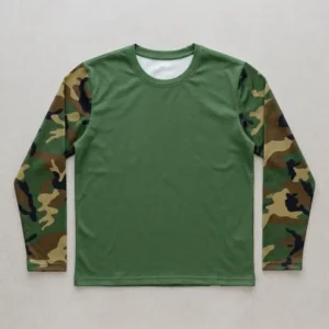 Full set-in sleeve blank camo t-shirt front.