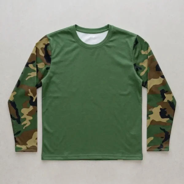 Full set-in sleeve blank camo t-shirt front.