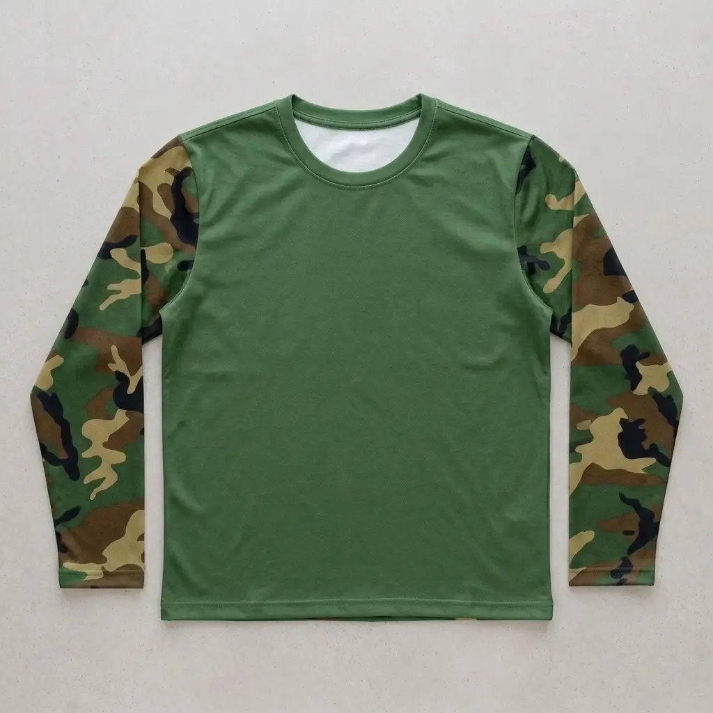 Full set-in sleeve blank camo t-shirt front.