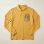 Golden full sleeves rhinestone polo shirt front.