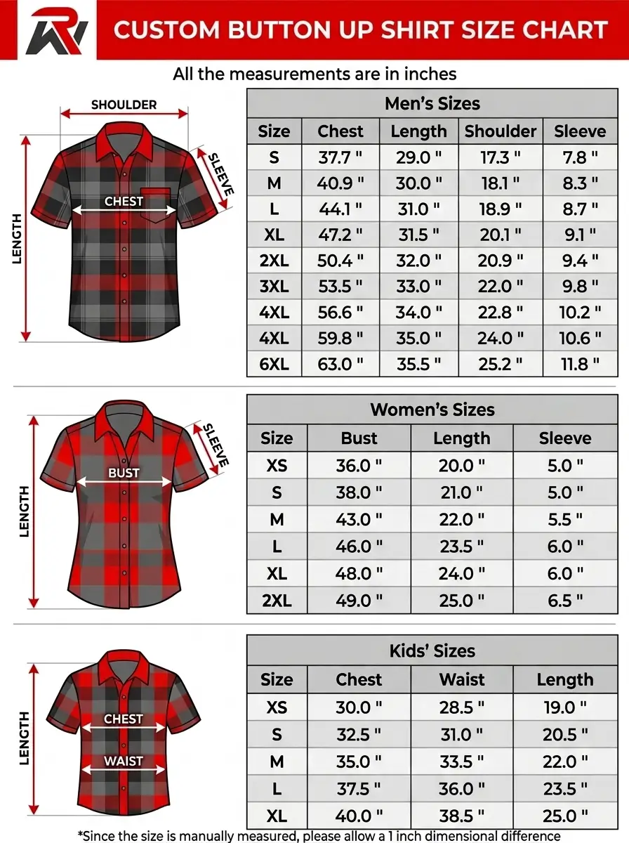 Men, women, and kids' custom button up shirt size chart of Redwood Sports.