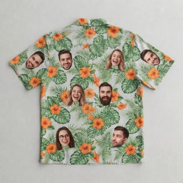 Multi face group print hawaiian shirt back.