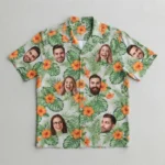 Multi face group print hawaiian shirt front.
