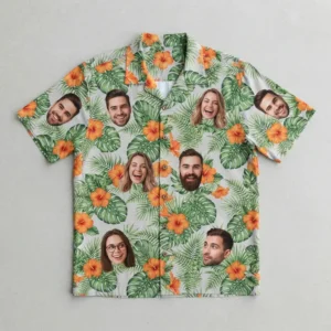 Multi face group print hawaiian shirt front.