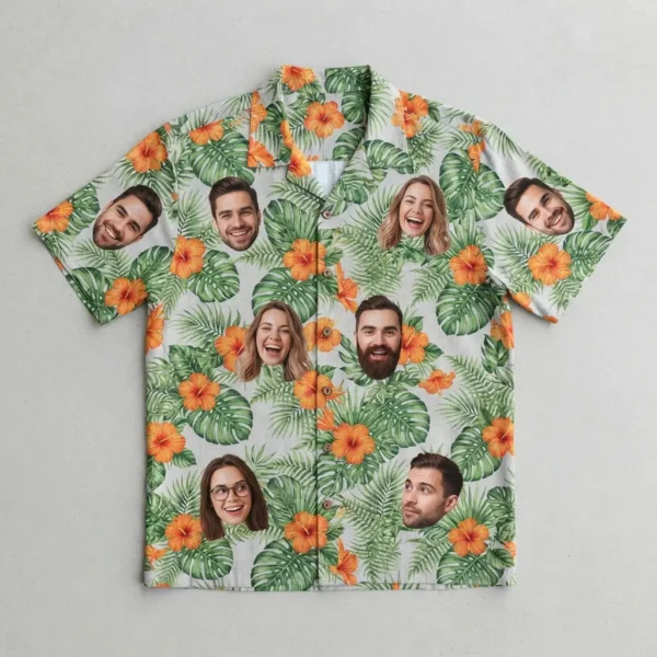Multi face group print hawaiian shirt front.