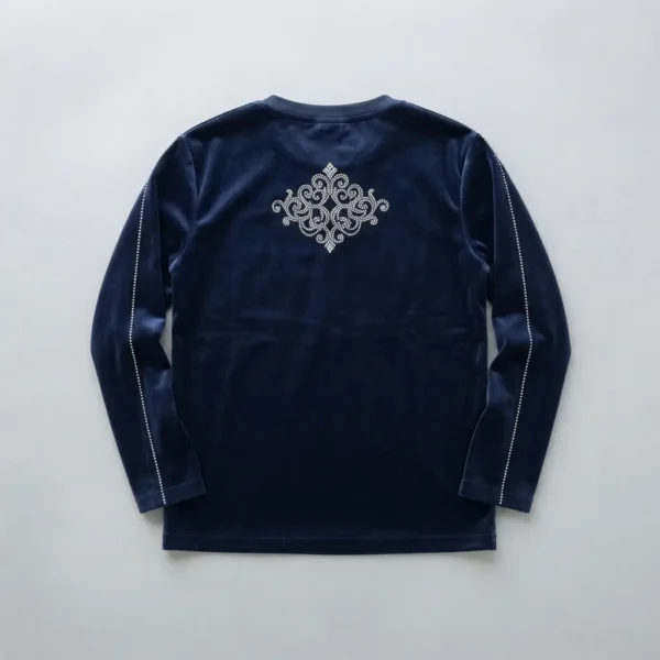 Navy blue velour long sleeve rhinestone t-shirt back.