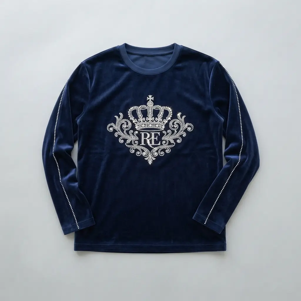 Navy blue velour long sleeve rhinestone t-shirt front.
