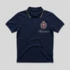 Navy embroidered rhinestone polo shirt front.