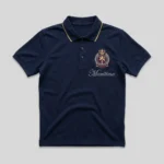Navy embroidered rhinestone polo shirt front.
