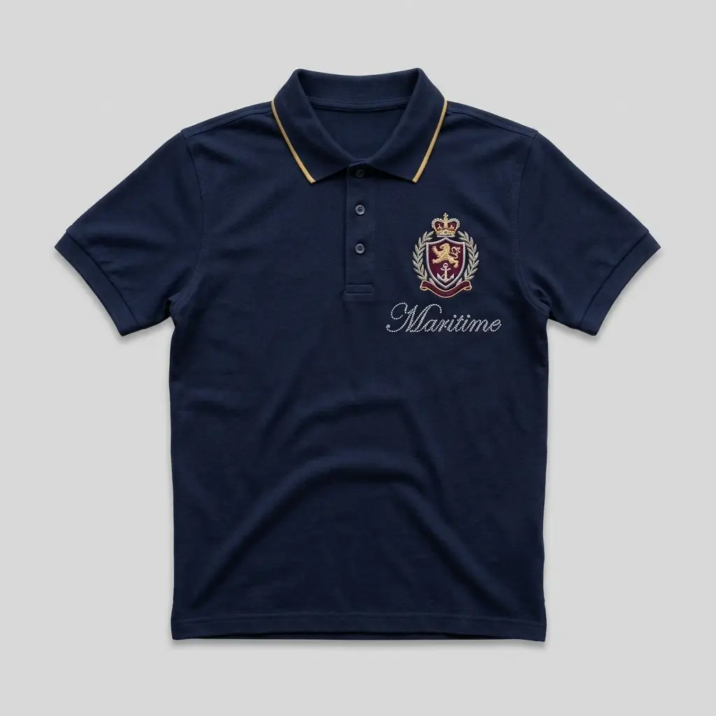 Navy embroidered rhinestone polo shirt front.