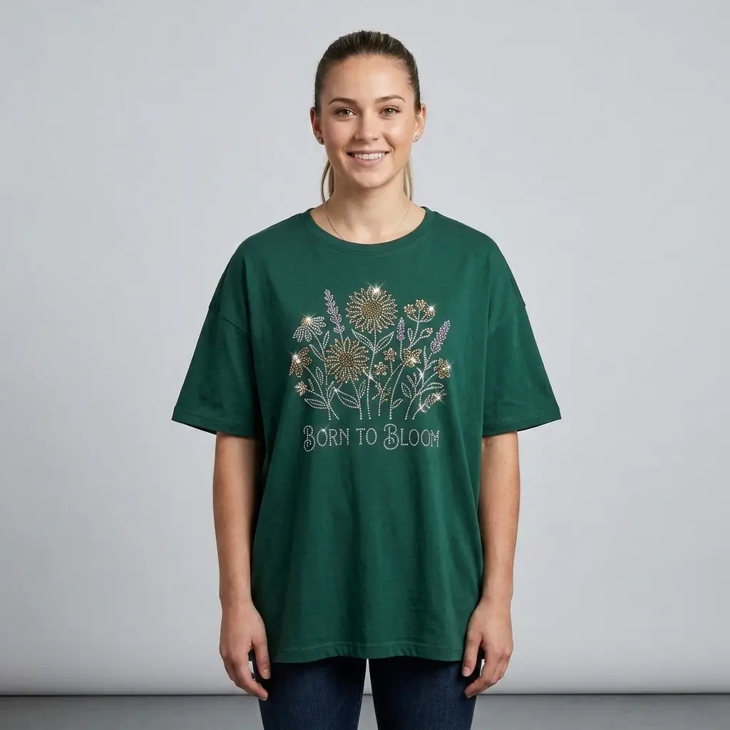 Oversized fit custom rhinestone t-shirt.