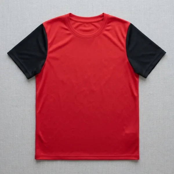 Red shirt with black short sleeves.