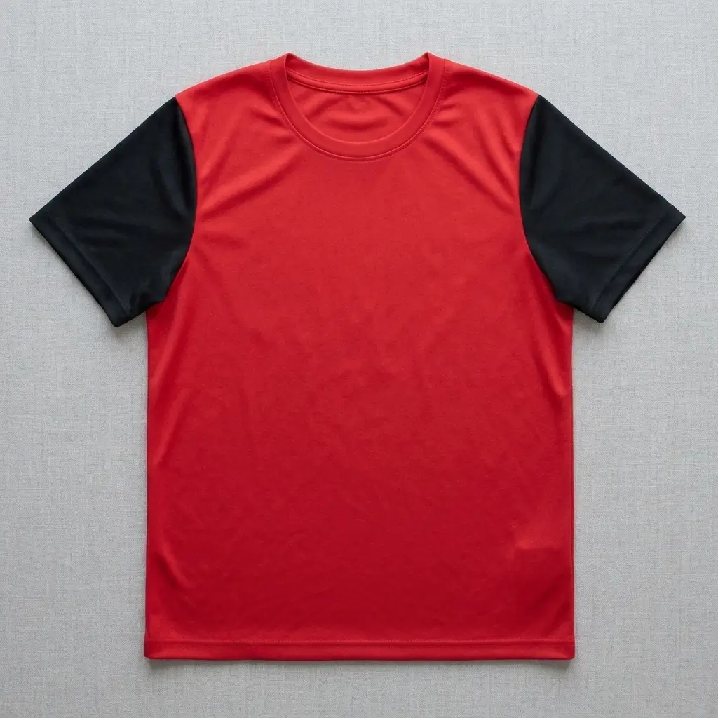 Red shirt with black short sleeves.