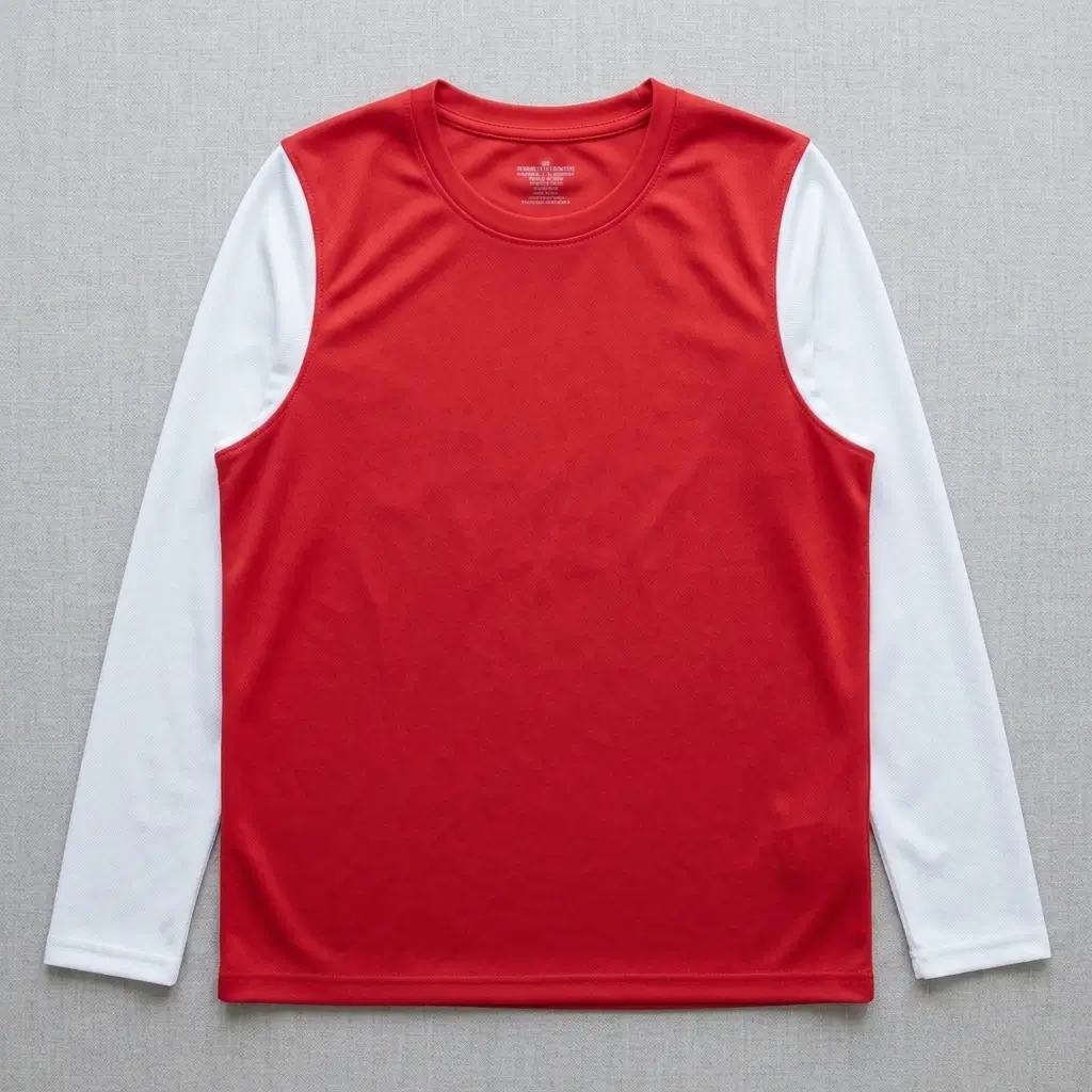 Red shirt with white long sleeves.