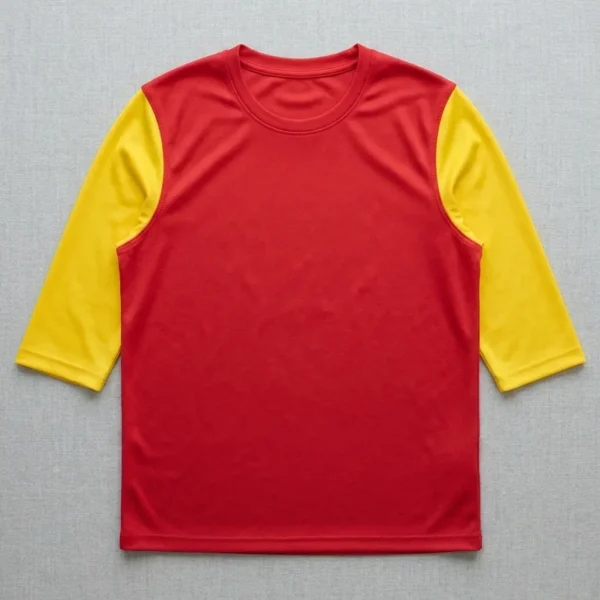 Red shirt with yellow 3 4 sleeves.