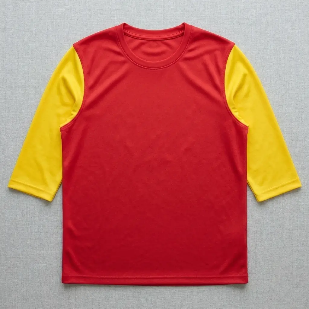 Red shirt with yellow 3 4 sleeves.