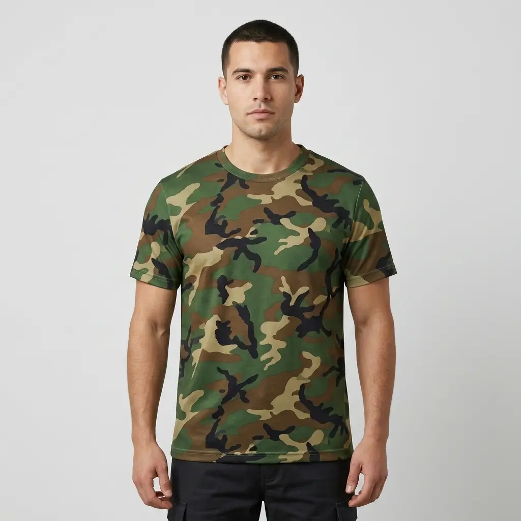 Regular fit blank woodland camo t-shirt front.