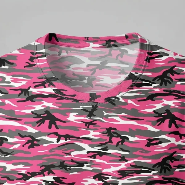 Scoop neck blank pink woodland camo t-shirt closeup.