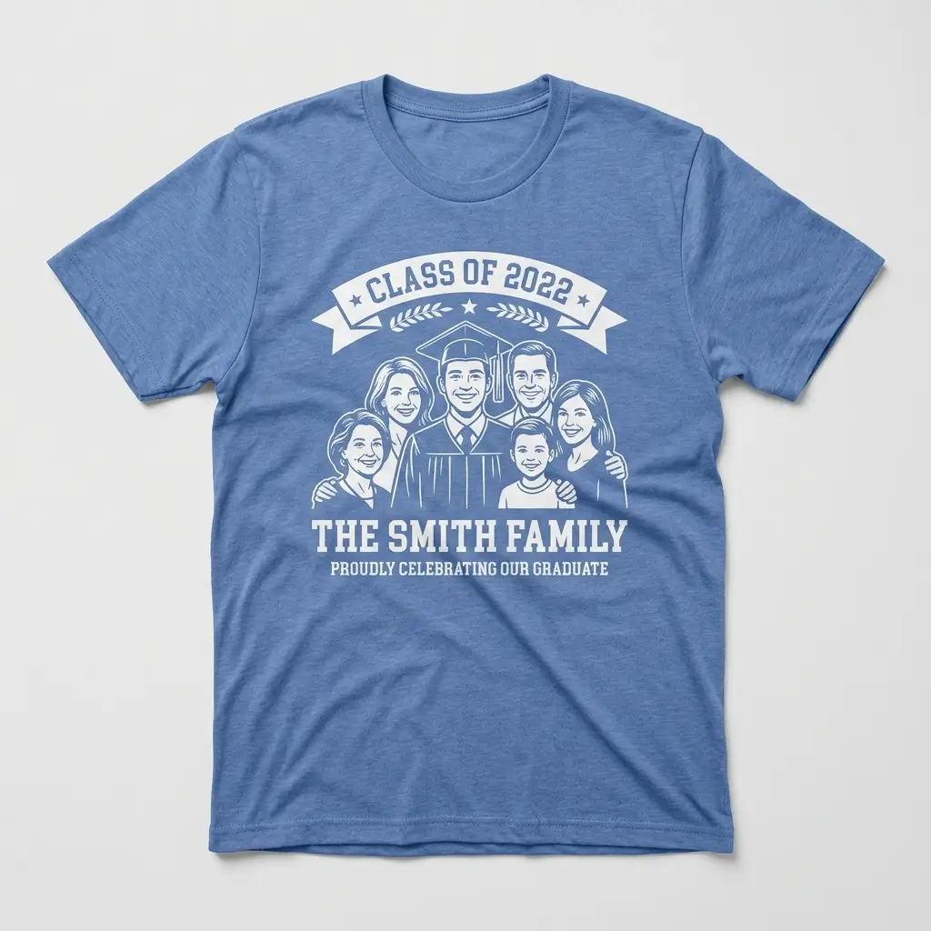 Screen printed family graduation t-shirt front.