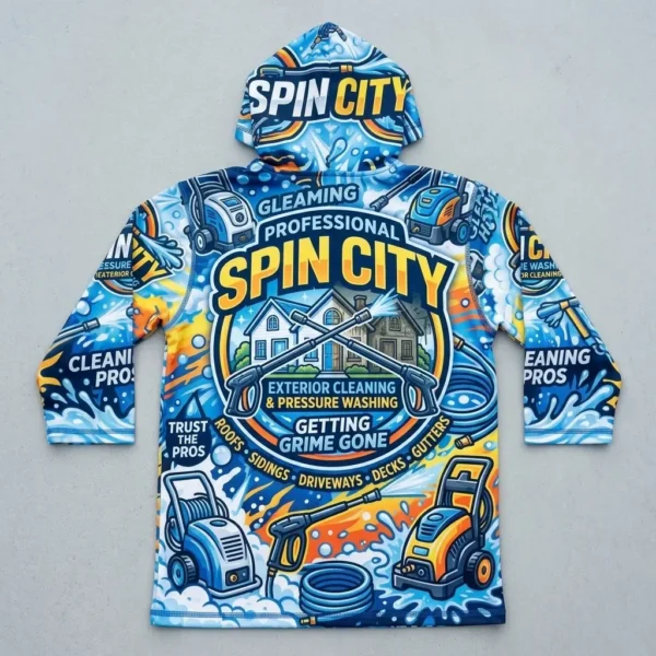 Sublimated 3/4 sleeve pressure washing hooded shirt back.