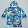 Sublimated 3/4 sleeve pressure washing hooded shirt front.