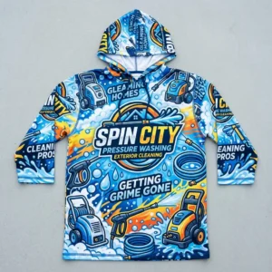 Sublimated 3/4 sleeve pressure washing hooded shirt front.