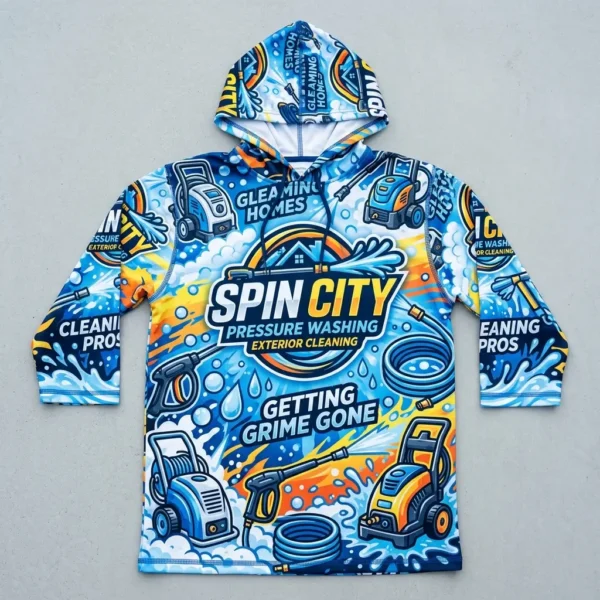 Sublimated 3/4 sleeve pressure washing hooded shirt front.