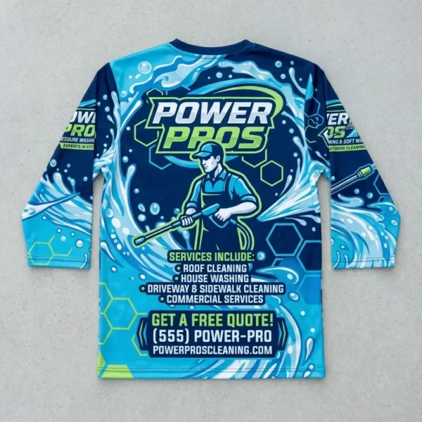Sublimated 3/4 sleeve pressure washing shirt back.