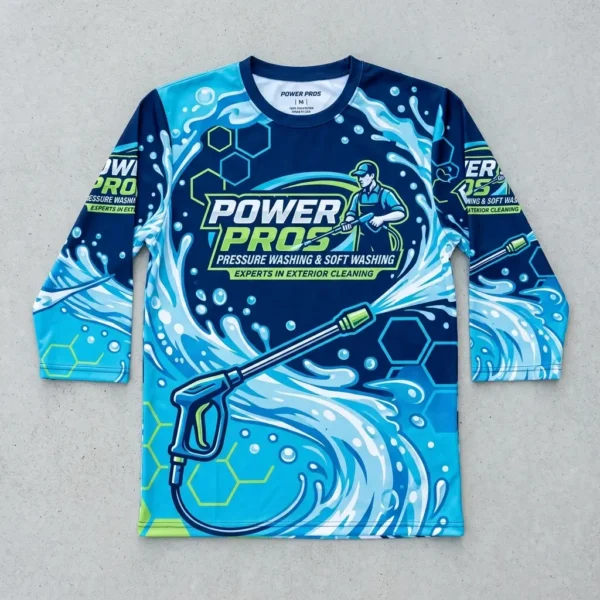 Sublimated 3/4 sleeve pressure washing shirt front.