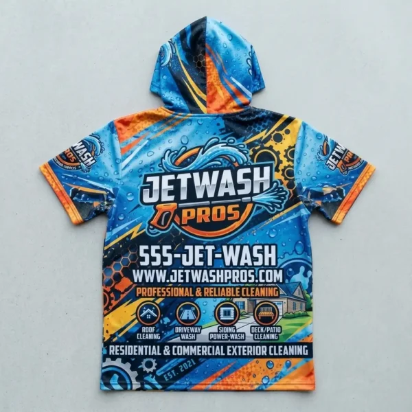 Sublimated hooded pressure washing shirt back.
