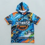 Sublimated hooded pressure washing shirt front.