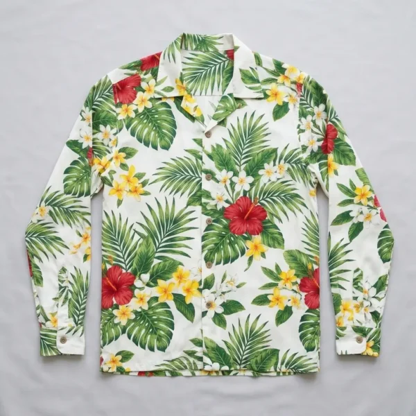 Sublimated long sleeve aloha shirt front.