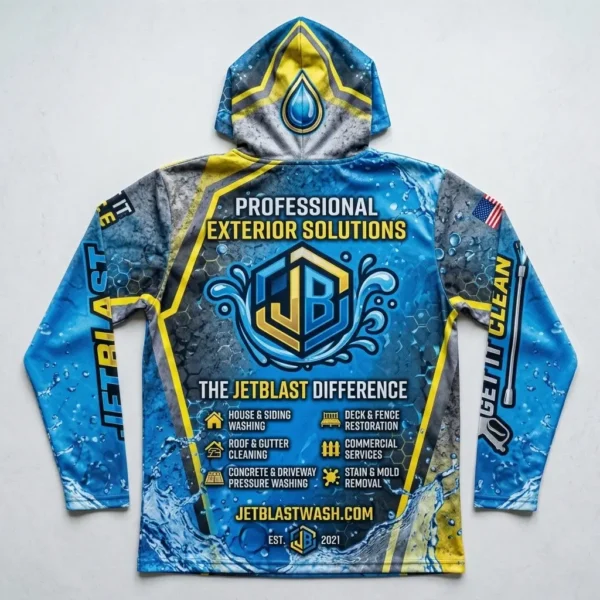 Sublimated long sleeve hooded pressure washing shirt back.