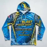 Sublimated long sleeve hooded pressure washing shirt front.