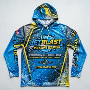 Sublimated long sleeve hooded pressure washing shirt front.