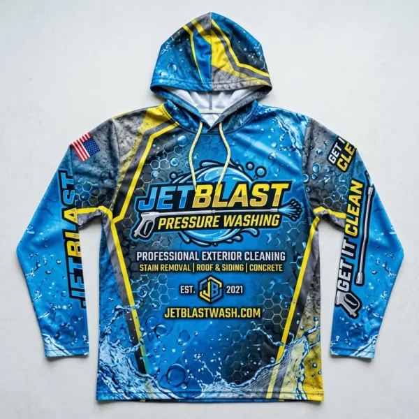 Sublimated long sleeve hooded pressure washing shirt front.